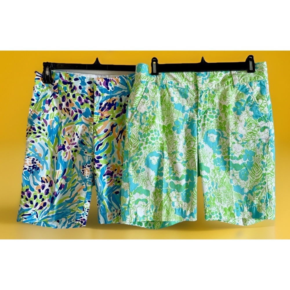 Lot Of 2 Lilly Pulitzer Shorts Green Blue Floral Size 0 Bermuda Chipper 9 Inch